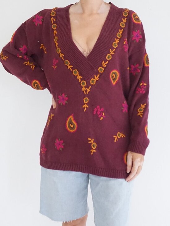 Vintage Studio Michelle Stuart Maroon Cotton Knit Floral V-Neck Sweater M - Picture 1 of 11